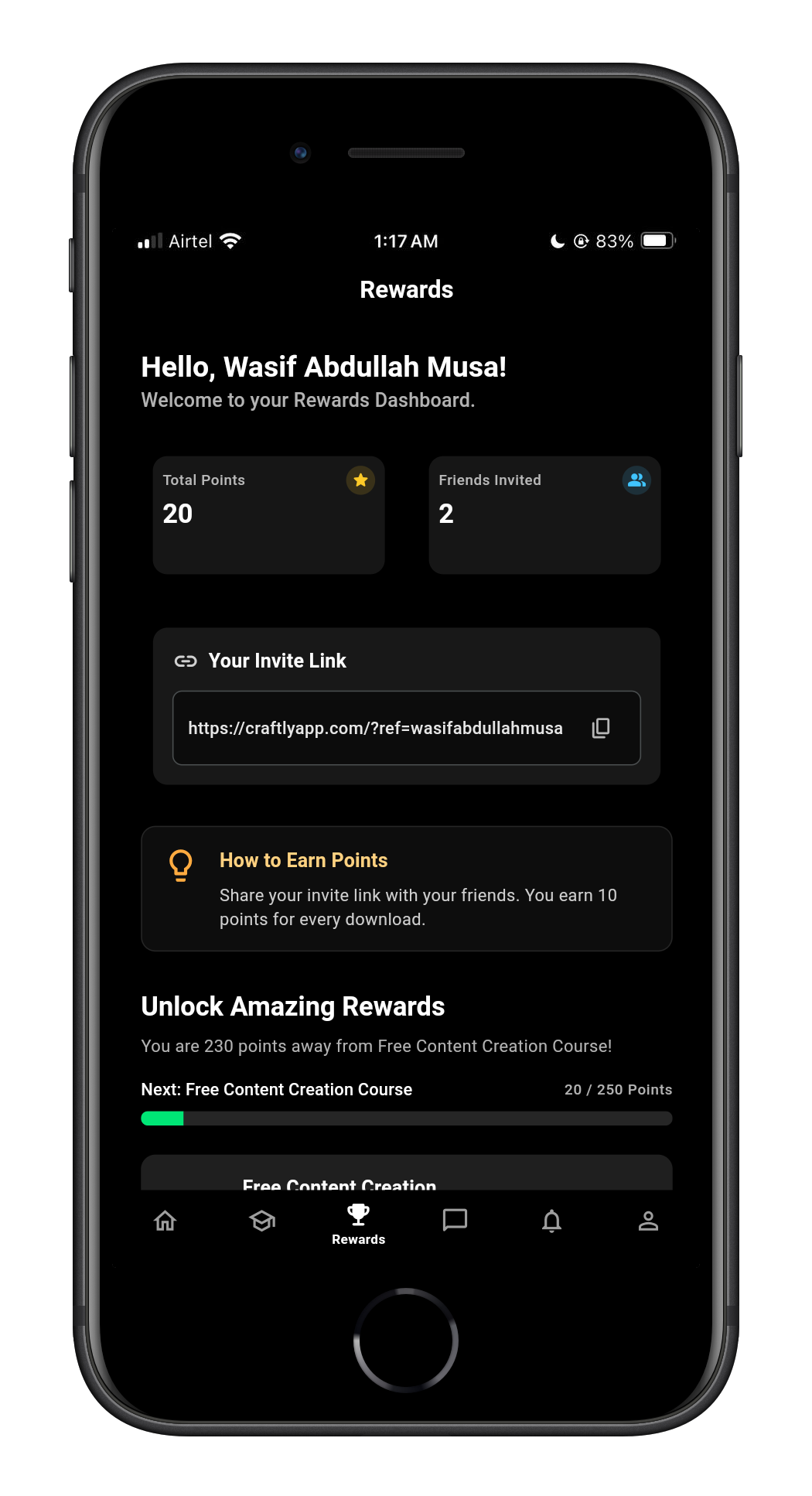 Craftly rewards system for growth mockup